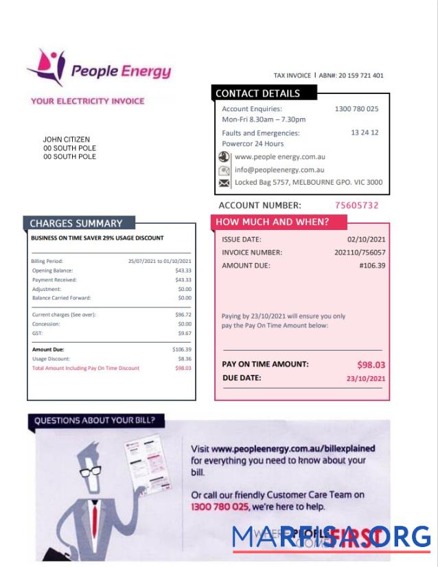 Blank Australia People Energy electricity utility bill example